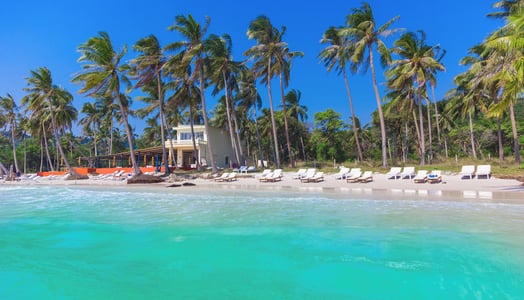 푸른 하늘 아래 에메랄드빛 바다와 야자수가 어우러진 해변가에 하얀색 리조트 건물과 선베드들이 놓여 있는 평화로운 풍경입니다.