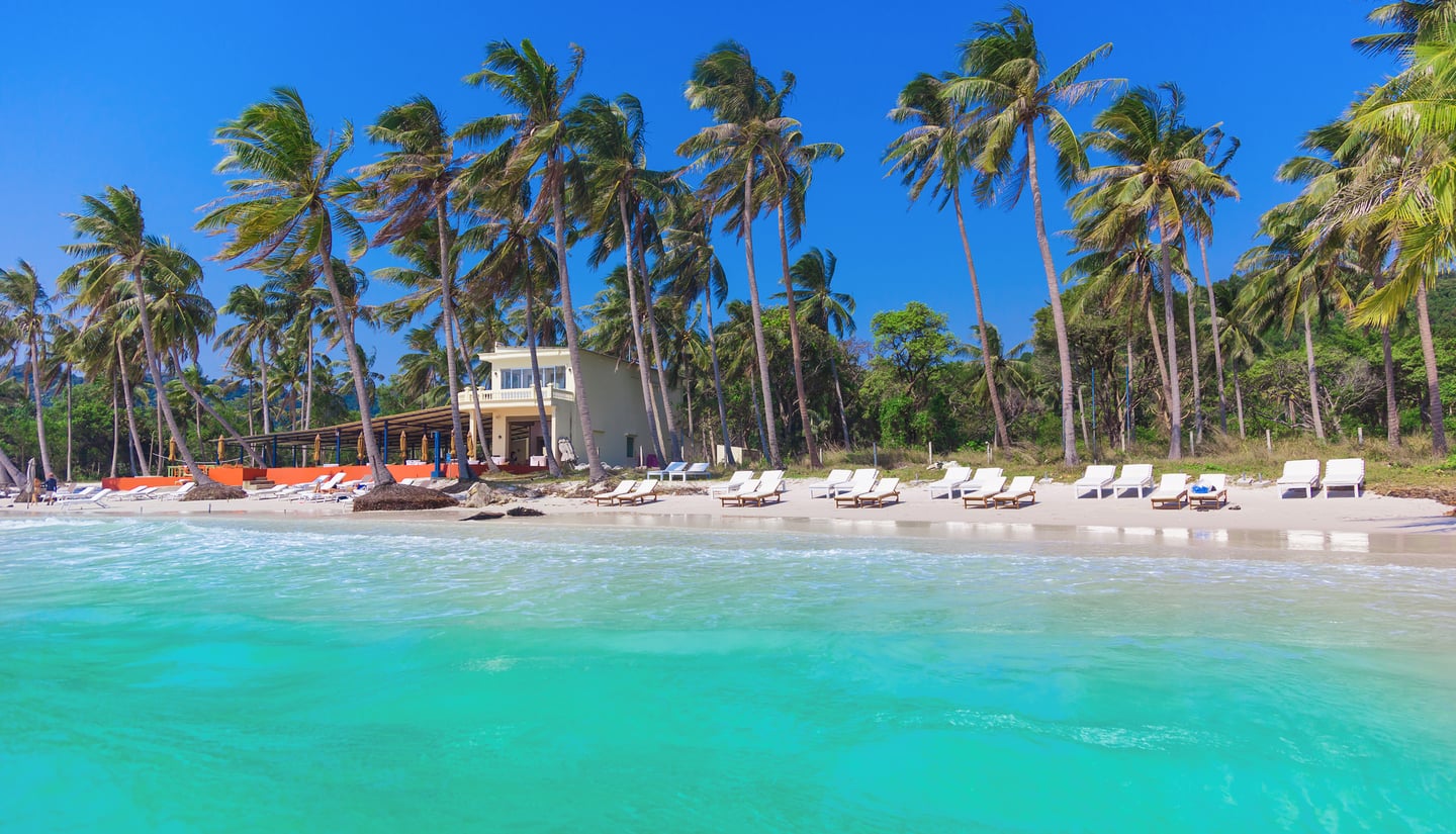 푸른 하늘 아래 에메랄드빛 바다와 야자수가 어우러진 해변가에 하얀색 리조트 건물과 선베드들이 놓여 있는 평화로운 풍경입니다.