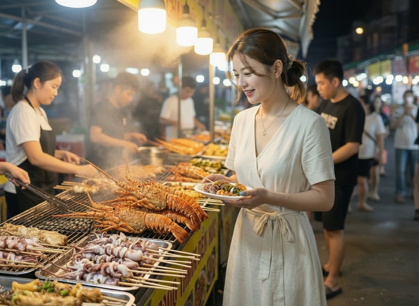 북적이는 야시장 노점에서 랍스터와 오징어 구이 등 다양한 해산물 먹거리를 즐기며 미소 짓는 흰색 원피스를 입은 여성의 모습입니다.