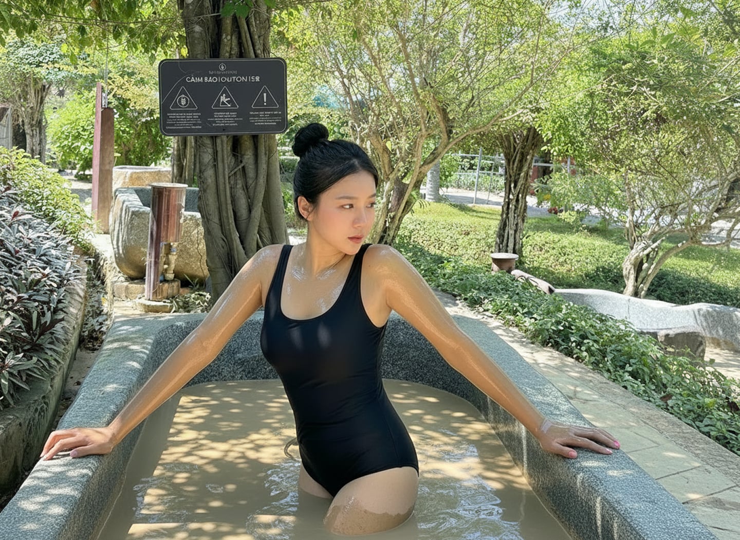울창한 정원 속 야외 머드 온천에서 검은색 원피스 수영복을 입은 여성이 석조 욕조에 몸을 담근 채 휴식을 취하는 평화로운 풍경입니다.