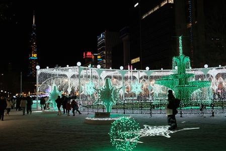 화려한 화이트와 그린 조명으로 장식된 삿포로 오도리 공원의 겨울 축제 현장으로, 눈 위를 걷는 사람들과 멀리 보이는 TV 타워가 낭만적인 밤 풍경을 만듭니다.