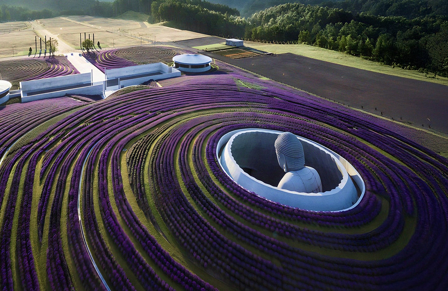 보라색 라벤더 꽃밭이 원형으로 감싸고 있는 언덕 위로 거대한 불상의 머리가 보이는 삿포로 부처의 언덕 전경입니다.