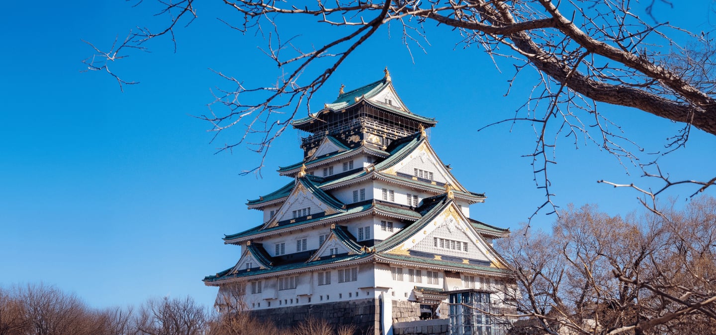 푸른 하늘을 배경으로 화려한 금색 장식과 민트색 지붕이 돋보이는 일본 오사카 성의 전경이 앙상한 나뭇가지 사이로 보입니다.