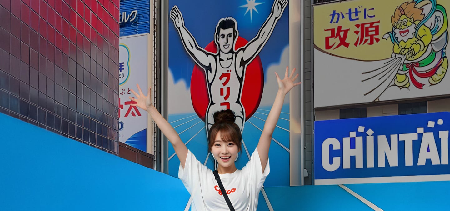 오사카 여행의 필수 코스인 도톤보리 글리코상 앞에서 밝게 웃으며 양손을 번쩍 들고 기념사진을 촬영하는 여성의 모습입니다.