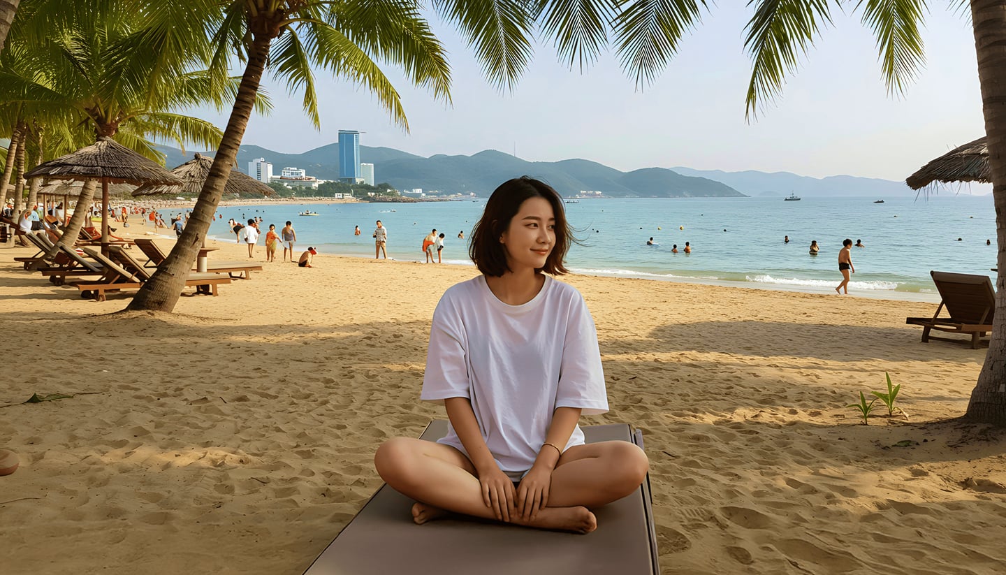 에메랄드빛 바다가 펼쳐진 열대 해변의 선베드에 앉아 미소 짓는 여성과 야자수 잎 사이로 보이는 평화로운 휴양지 전경입니다.