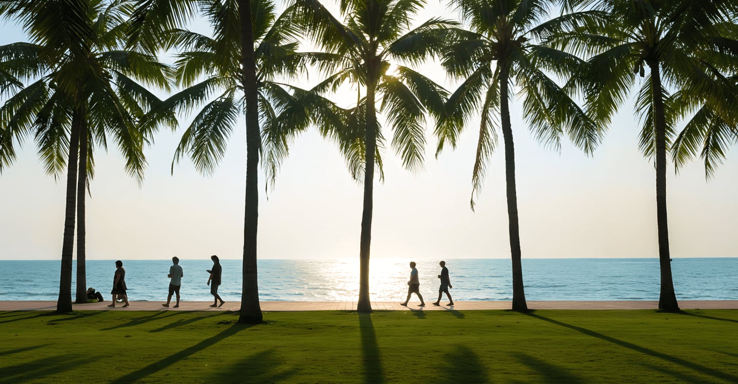 푸른 바다와 잔디밭 사이 야자수들이 길게 그림자를 드리운 산책로에서 사람들이 여유롭게 거니는 평화로운 해변의 오후 풍경입니다.