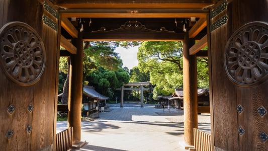 정교한 꽃무늬 조각이 새겨진 거대한 목조 대문 사이로 푸른 숲과 도리이가 보이는 일본 신사의 고즈넉한 낮 풍경입니다.