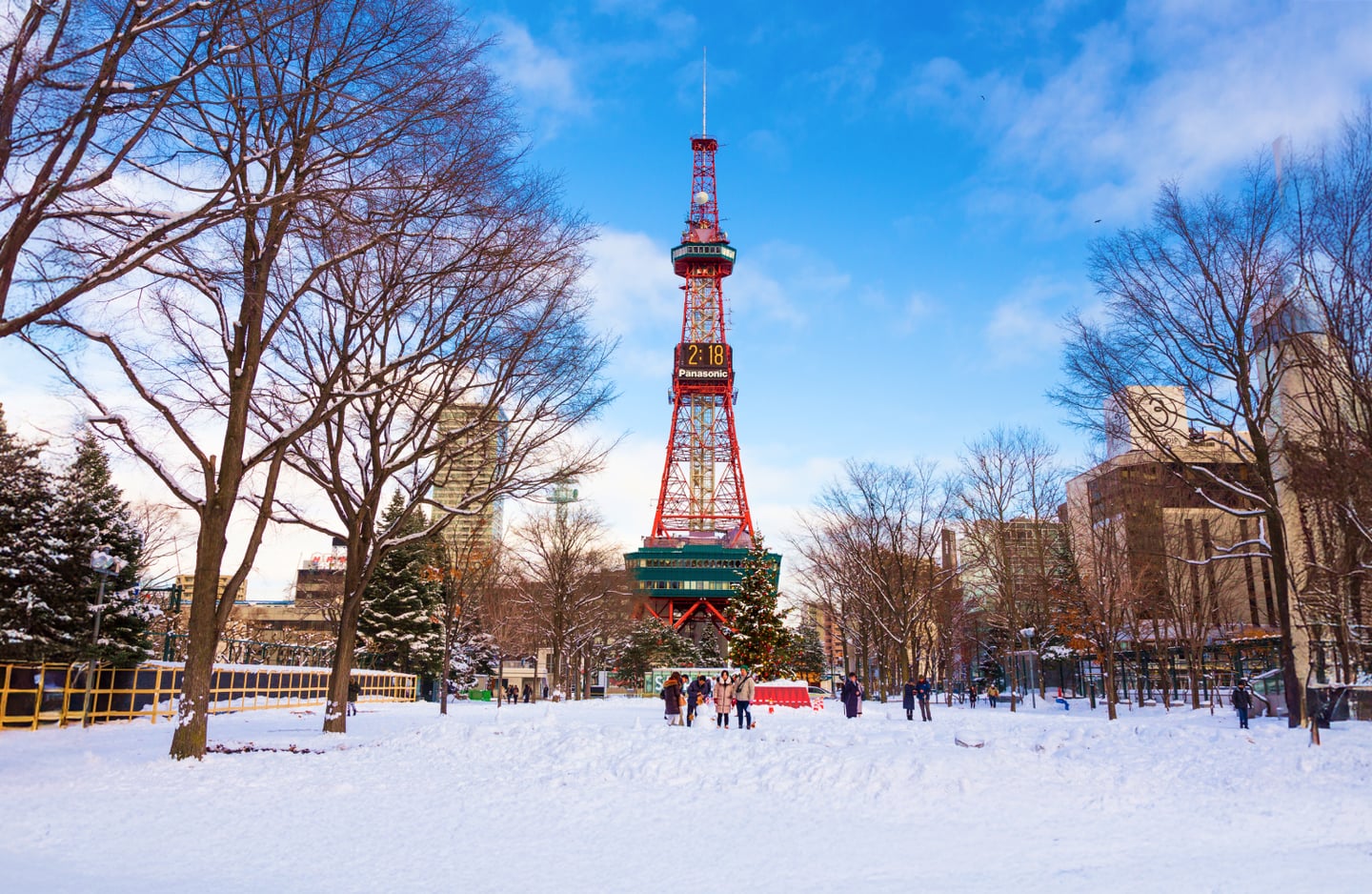 흰 눈이 가득 쌓인 삿포로 오도리 공원에서 붉은색 TV 타워를 배경으로 겨울 산책을 즐기는 사람들과 맑은 하늘이 어우러진 풍경입니다.