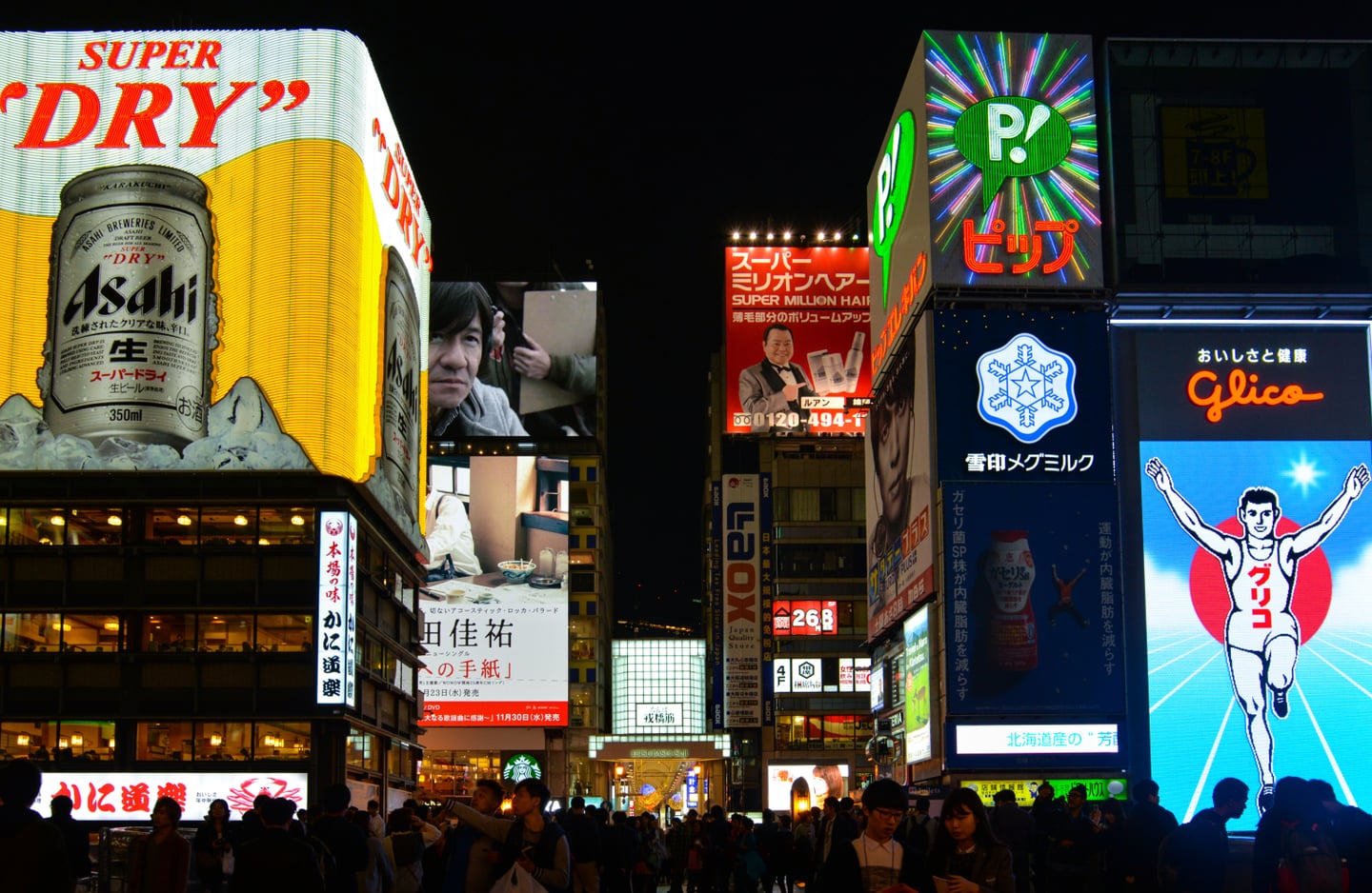 오사카 도톤보리의 상징인 글리코상과 아사히 맥주 광고판이 화려하게 빛나는 밤거리에서 수많은 인파가 야경을 즐기는 모습입니다.