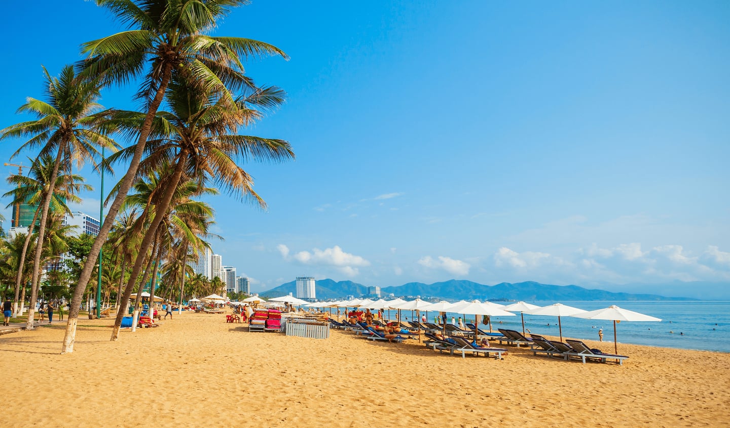 맑고 푸른 하늘과 에메랄드빛 바다를 배경으로 야자수 그늘이 드리워진 해변에 하얀 파라솔과 선베드가 여유롭게 놓여 있는 풍경입니다.