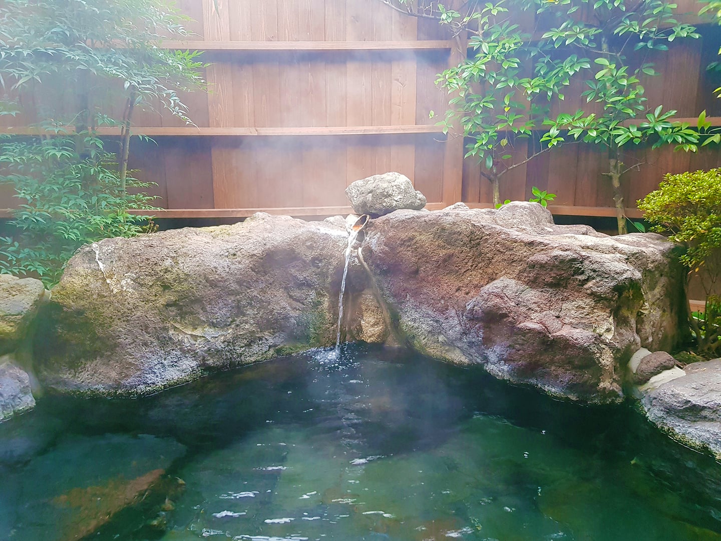 목재 펜스와 초록빛 나무가 어우러진 야외 노천탕에서 바위 틈으로 온천수가 흘러내리며 수면 위로 하얀 김이 피어오르는 모습입니다.