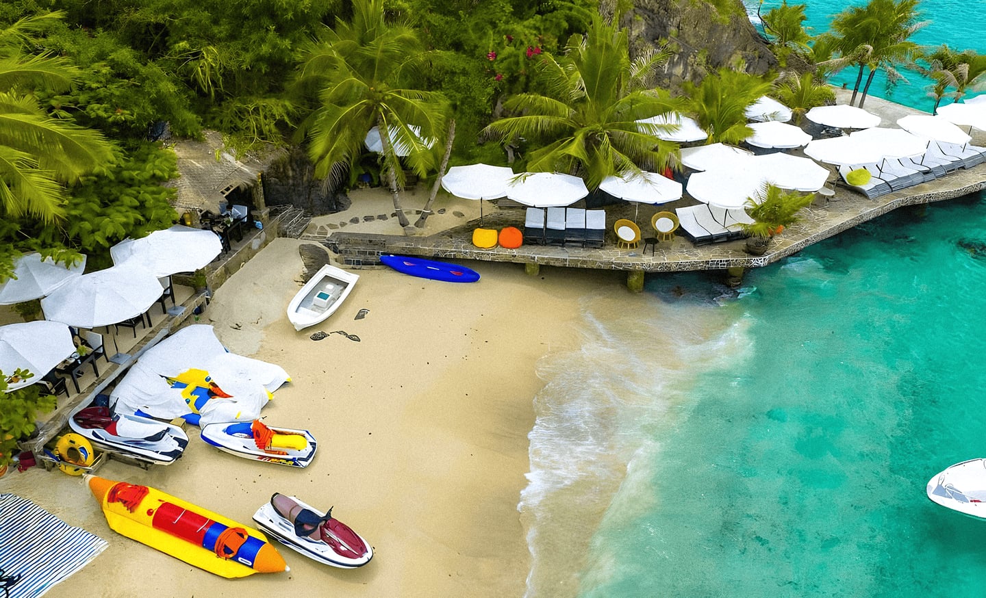 투명한 에메랄드빛 바닷물이 밀려오는 백사장 위에 노란 바나나 보트와 제트스키가 놓여 있고 야자수 아래 하얀 파라솔들이 줄지어 있는 평화로운 휴양지 전경입니다.