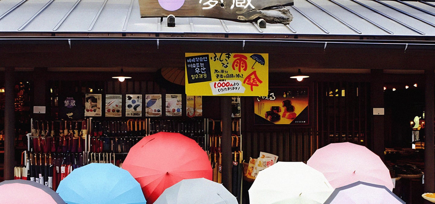 일본 거리의 우산 상점 앞에 펼쳐진 빨간색, 파란색, 분홍색 등 다채로운 색상의 우산들과 나무 간판이 어우러진 풍경입니다.