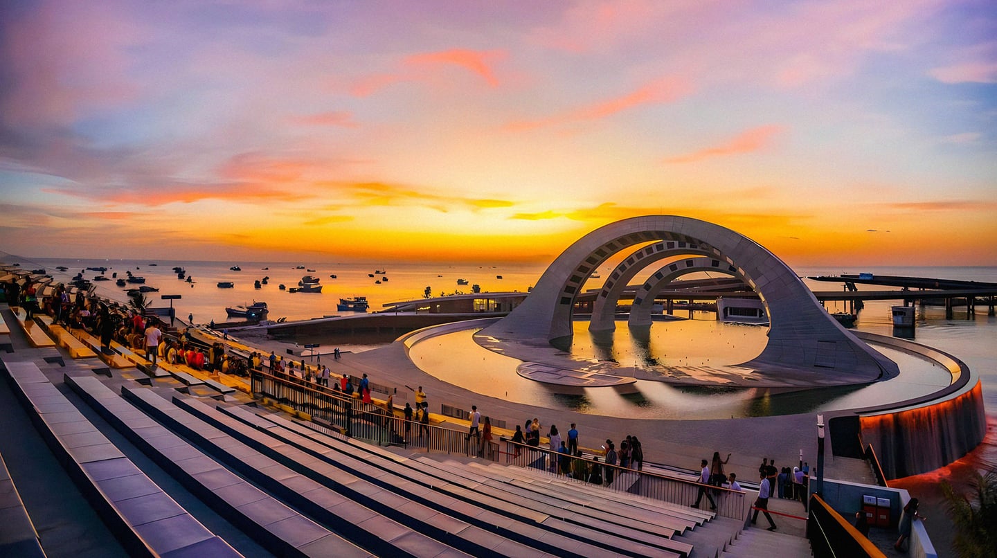 노을빛으로 물든 하늘 아래 독특한 원형 아치 조형물이 서 있는 해변 광장에서 사람들이 여유롭게 일몰을 감상하고 있는 모습입니다.