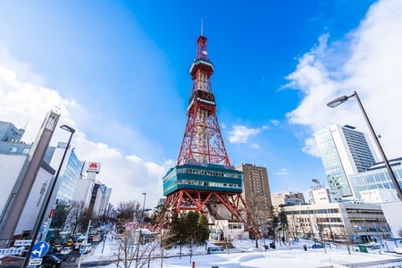 겨울철 눈이 쌓인 삿포로 오도리 공원 끝자락에 위치한 붉은색 삿포로 TV 타워와 푸른 하늘이 어우러진 도시 전경입니다.