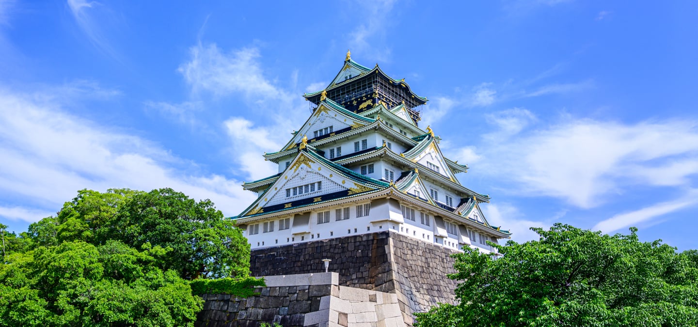맑고 푸른 하늘을 배경으로 견고한 돌담 위에 세워진 일본 오사카 성의 화려한 천수각과 주변을 감싸고 있는 울창하고 푸른 나무들의 풍경입니다.