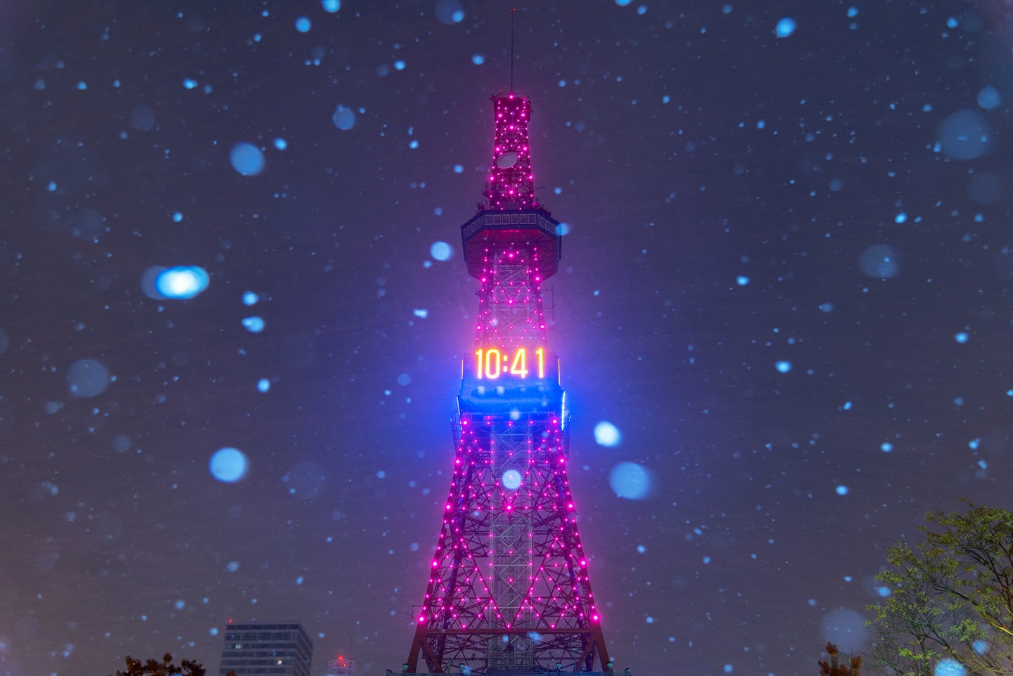 눈 내리는 삿포로의 밤하늘을 배경으로 분홍빛 조명과 디지털 시계가 빛나는 삿포로 TV 타워의 환상적인 야경 모습입니다.
