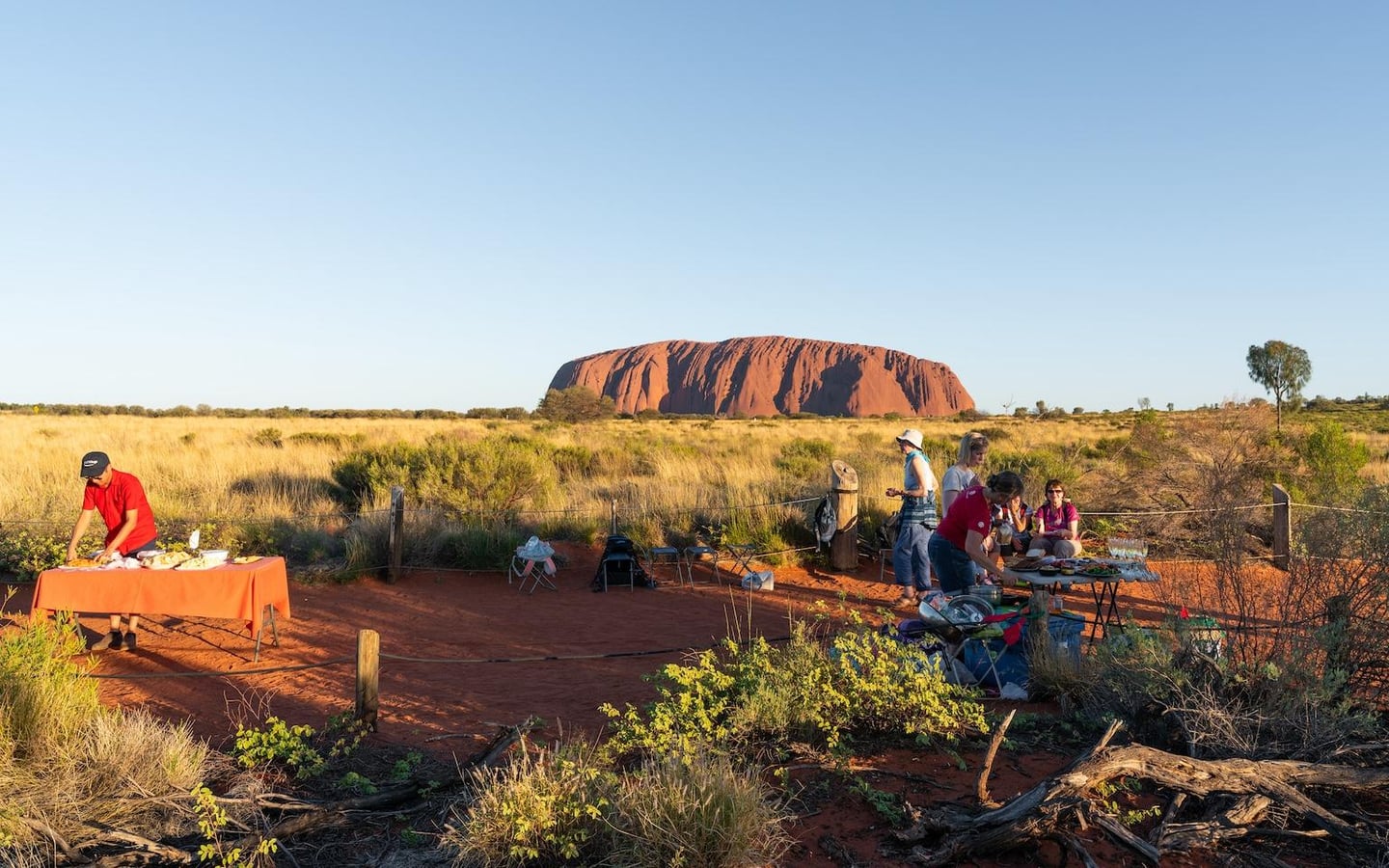 광활한 호주 아웃백의 울루루 바위가 보이는 야외 평원에서 여행객들이 테이블에 음식을 차려놓고 여유로운 식사 시간을 준비하는 풍경입니다.