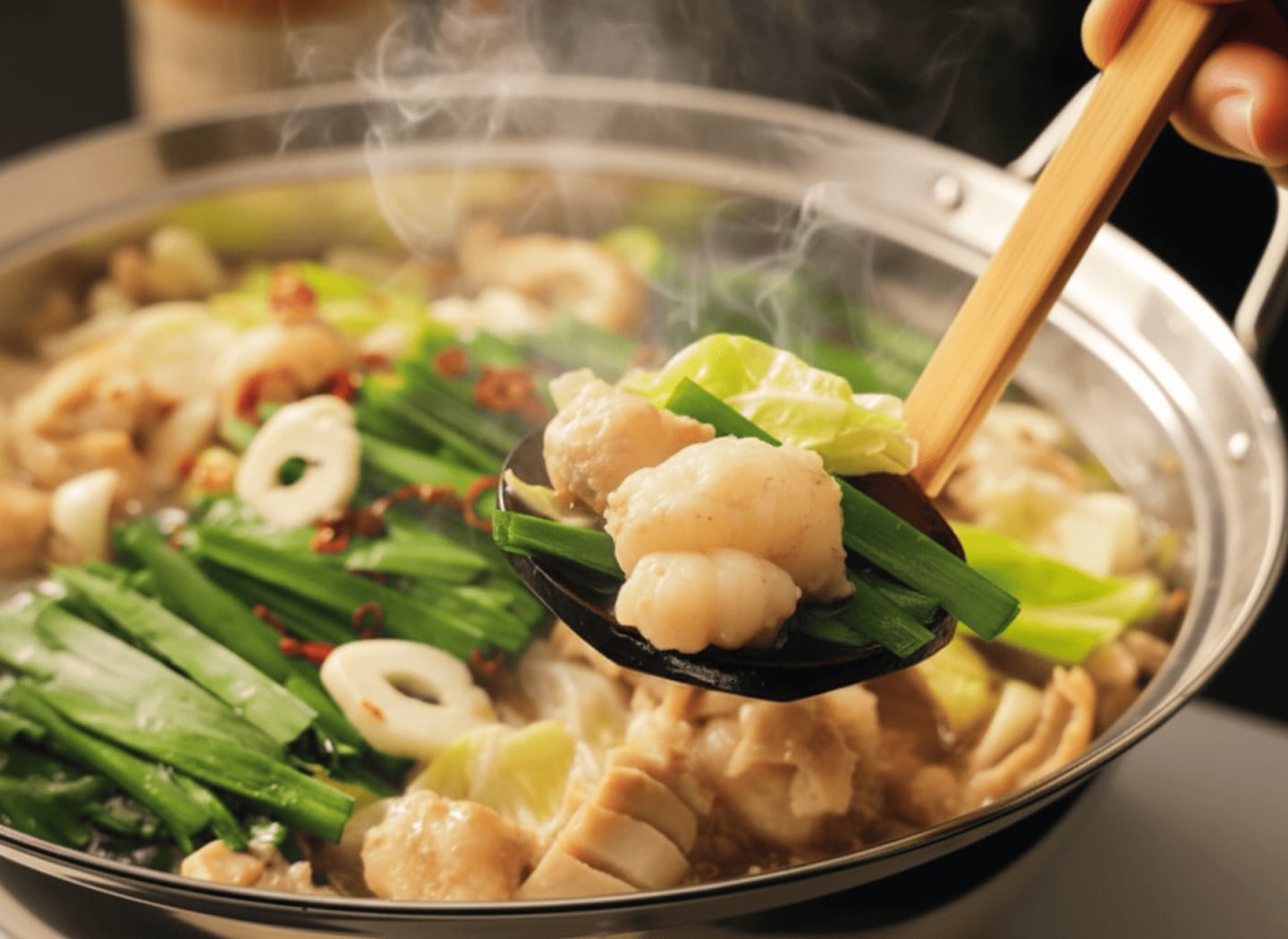 뜨거운 김이 올라오는 냄비에서 신선한 부추와 통통한 곱창 건더기를 나무 국자로 가득 떠올리는 먹음직스러운 일본식 모츠나베 요리 장면입니다.