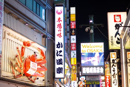 화려한 네온사인과 거대한 게 모형이 눈길을 사로잡는 일본 오사카 도톤보리 상점가의 활기찬 밤거리 풍경입니다.