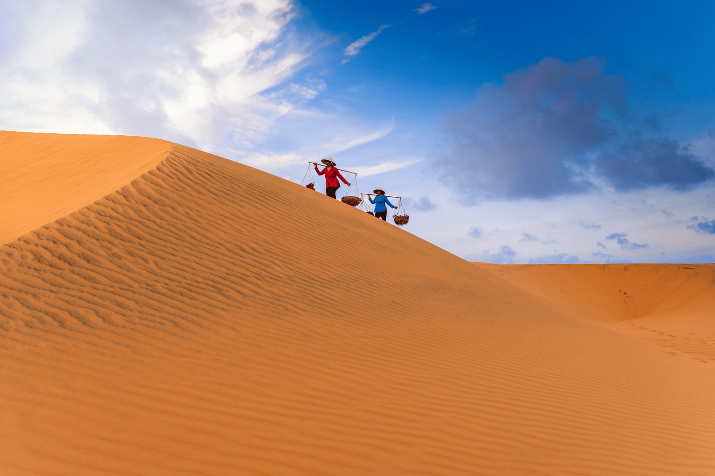 베트남 무이네 사구에서 전통 모자인 논라를 쓰고 어깨에 짐을 멘 채 모래 언덕을 오르는 여인들의 모습입니다.