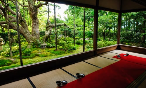 다다미가 깔린 일본식 방 안에서 통창을 통해 바라본 이끼 낀 정원과 울창한 나무들이 어우러진 평온한 풍경입니다.
