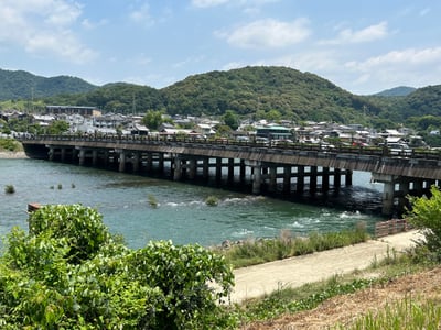 교토 우지바시, 푸른 산과 마을을 배경으로 우지강 위를 길게 가로지르는 전통적인 목조 다리의 전경입니다.
