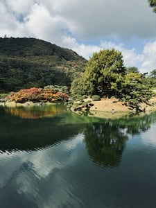 다카마쓰 리츠린 공원, 잔잔한 호수 위로 푸른 소나무 섬과 단풍 든 나무들이 아름답게 반사되는 풍경.