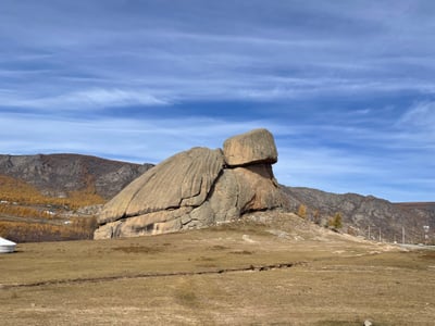 울란바토르 거북 바위, 푸른 하늘 아래 광활한 몽골 초원 위에 우뚝 솟은 거대한 거북 형상의 기암괴석 풍경입니다.