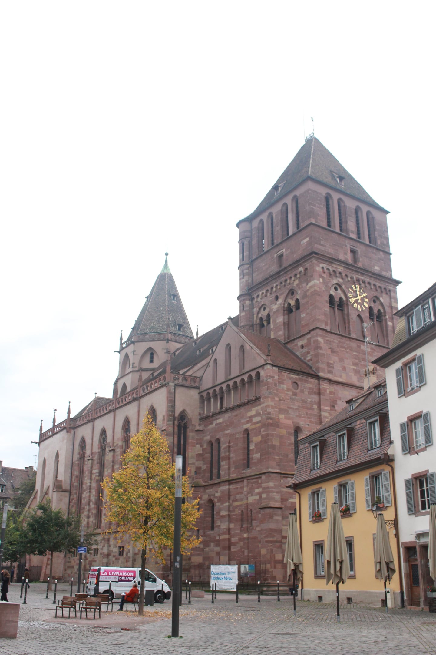 스트라스부르 성 토마스 교회, 붉은 사암으로 지어진 웅장한 고딕 양식의 종탑과 가을 나무가 어우러진 풍경입니다.