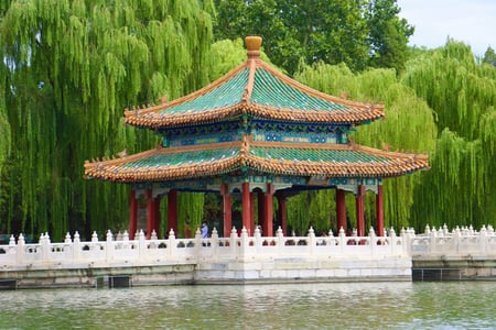 베이징 북해공원, 호수 위 화려한 청록색 기와지붕을 얹은 전통 정자와 푸른 버드나무가 어우러진 평화로운 풍경입니다.