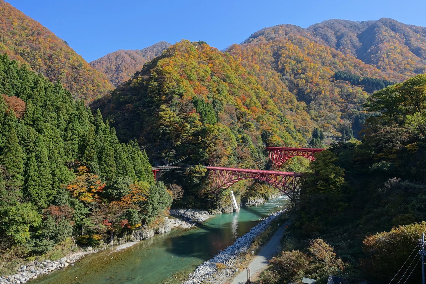 구로베 구로베 협곡, 단풍이 든 산 사이로 구로베강을 가로지르는 붉은색 신야마비코 다리의 절경.