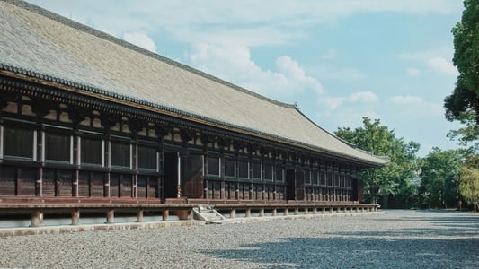 교토 산주산겐도, 푸른 하늘 아래 길게 이어진 고풍스러운 목조 본당과 자갈 마당이 어우러진 평화로운 풍경입니다.