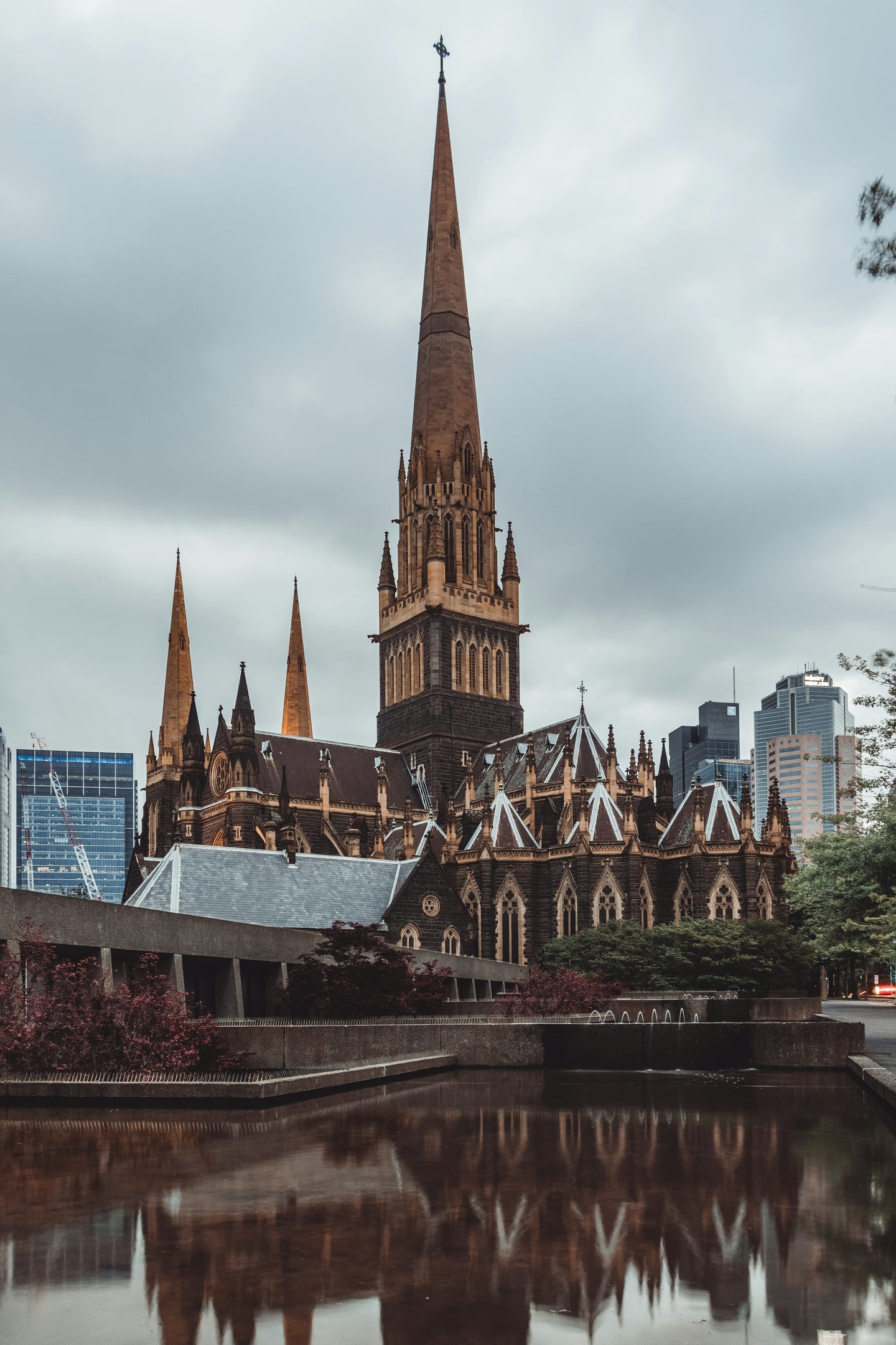 멜버른 세인트 패트릭 대성당, 고딕 양식의 웅장한 첨탑과 고풍스러운 석조 건물이 잔잔한 수면에 반사되는 평화로운 풍경입니다.