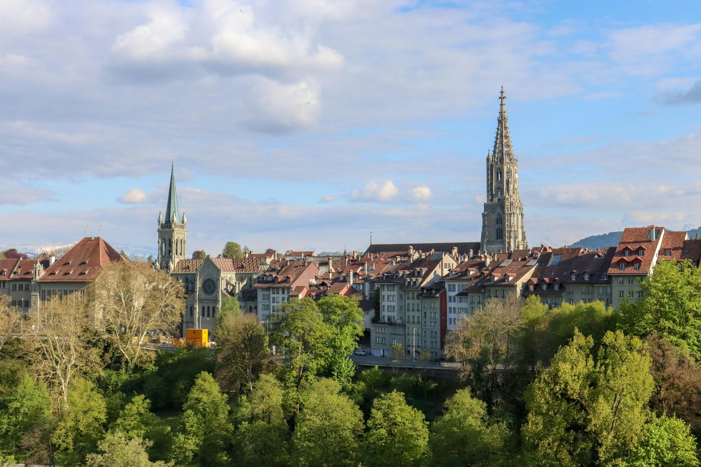 베른 베른 대성당, 푸른 하늘 아래 고풍스러운 구시가지 건물들 사이로 높게 솟은 고딕 양식의 대성당 첨탑과 주변의 울창한 나무들.