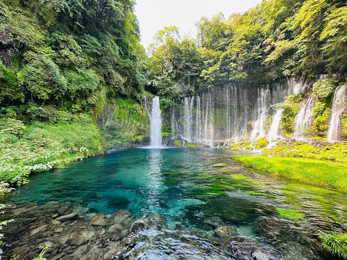 후지노미야 시라이토 폭포, 수백 개의 가느다란 물줄기가 하얀 실처럼 쏟아지는 신비로운 에메랄드빛 폭포 풍경