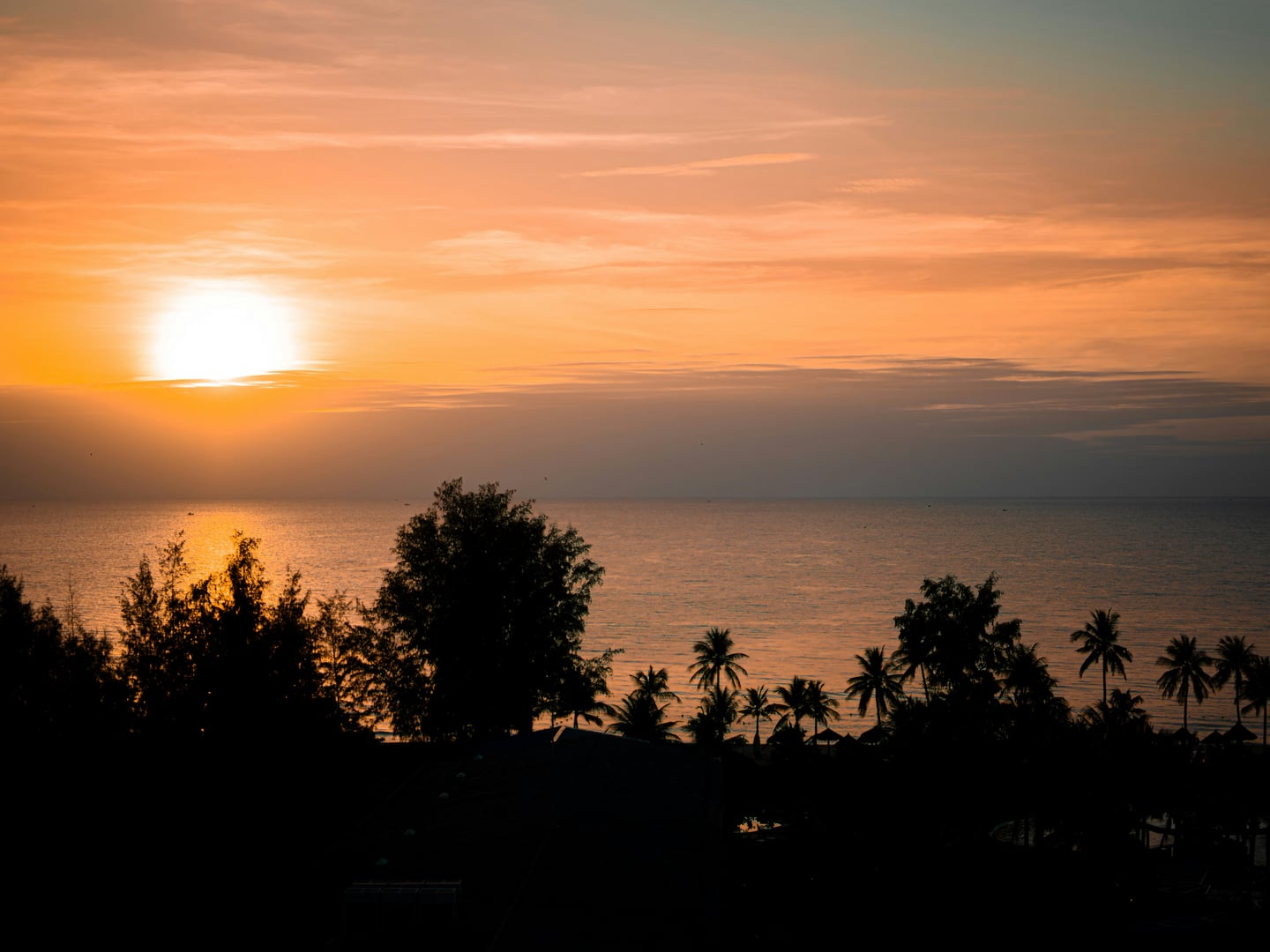 푸꾸옥 남부 선셋타운, 수평선 위로 붉게 타오르는 태양과 야자수 실루엣이 어우러진 환상적인 노을 풍경입니다.