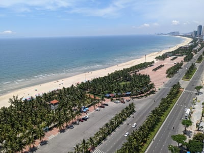 다낭 미케비치, 끝없이 펼쳐진 푸른 해안선과 야자수가 늘어선 해변 도로가 어우러진 시원한 전경입니다.