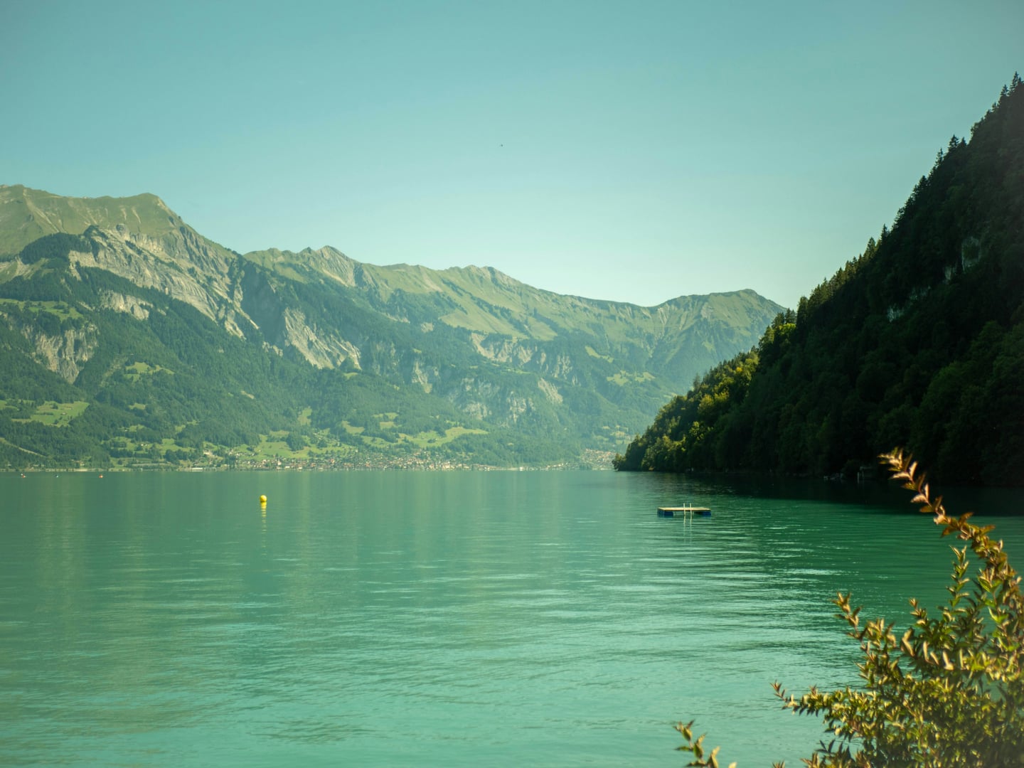 루체른 브리엔츠 호수, 맑고 푸른 호수면 위로 펼쳐진 웅장한 알프스 산맥과 평화로운 산기슭 마을의 풍경입니다.