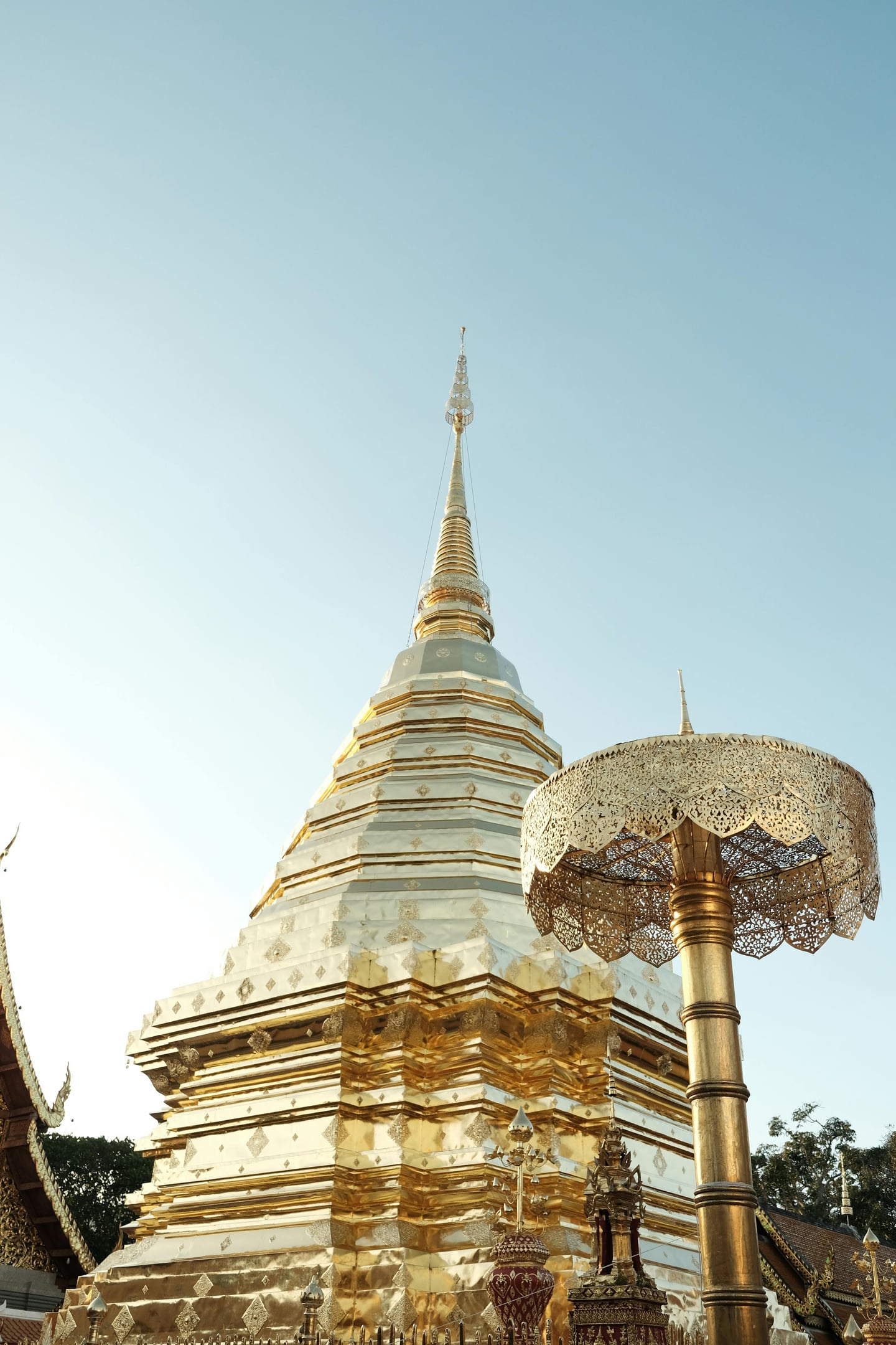 치앙마이 도이수텝, 푸른 하늘을 배경으로 눈부시게 빛나는 거대한 황금 불탑과 정교한 금색 우산 장식이 조화를 이룬 모습입니다.