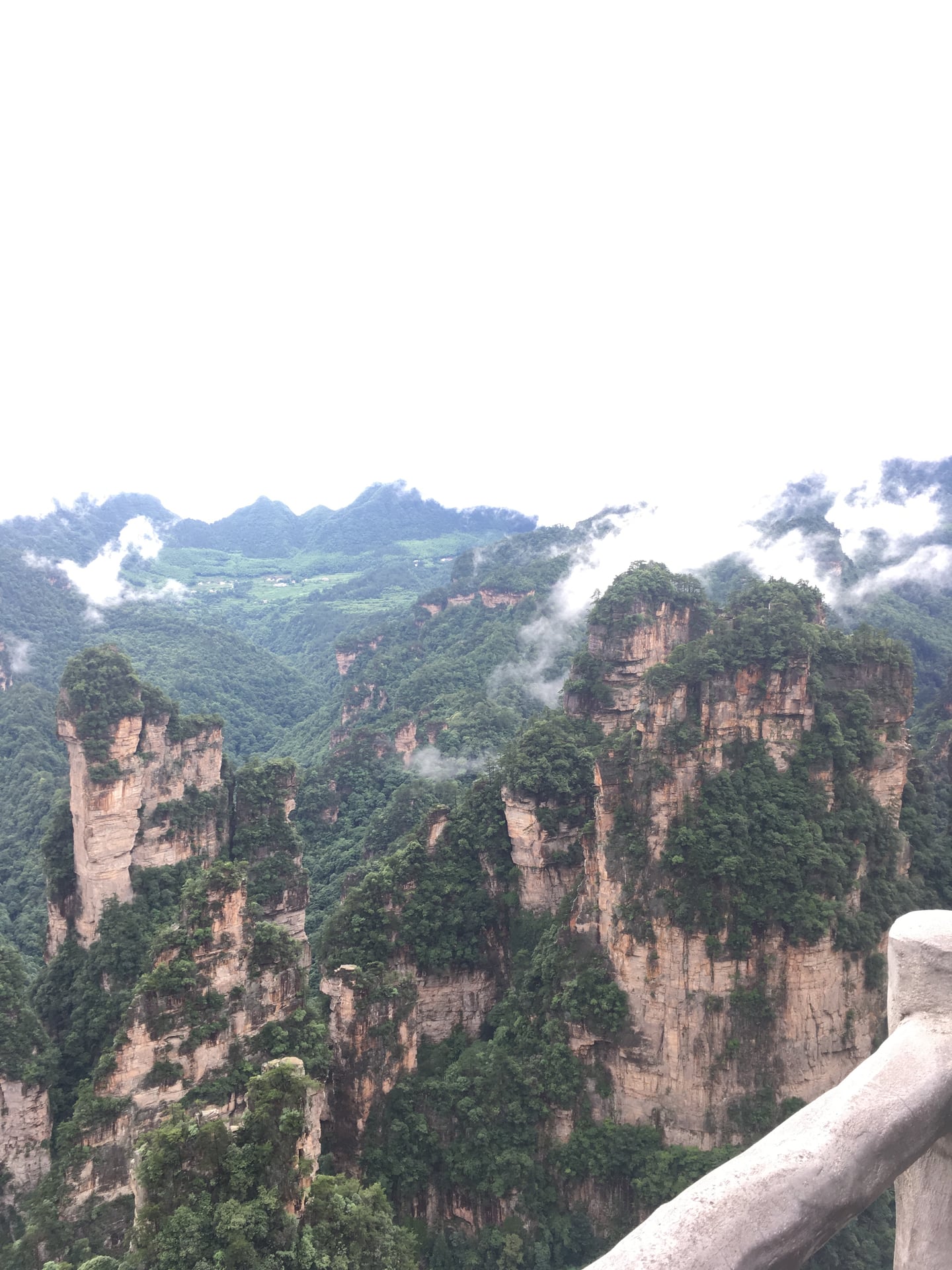 장가계 무릉원 풍경구, 구름 사이로 솟아오른 거대한 사암 기둥과 울창한 숲이 어우러진 신비롭고 웅장한 자연 경관입니다.