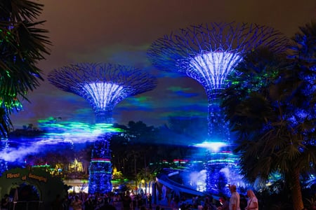 싱가포르 슈퍼트리 가든 랩소디쇼, 밤하늘을 배경으로 푸른 빛을 발산하며 화려하게 빛나는 거대 인공 나무들과 관람객들의 모습.